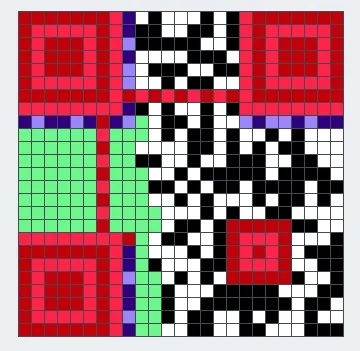 Completed color-coded QR reconstruction with the recovered lower-left data modules filled in.