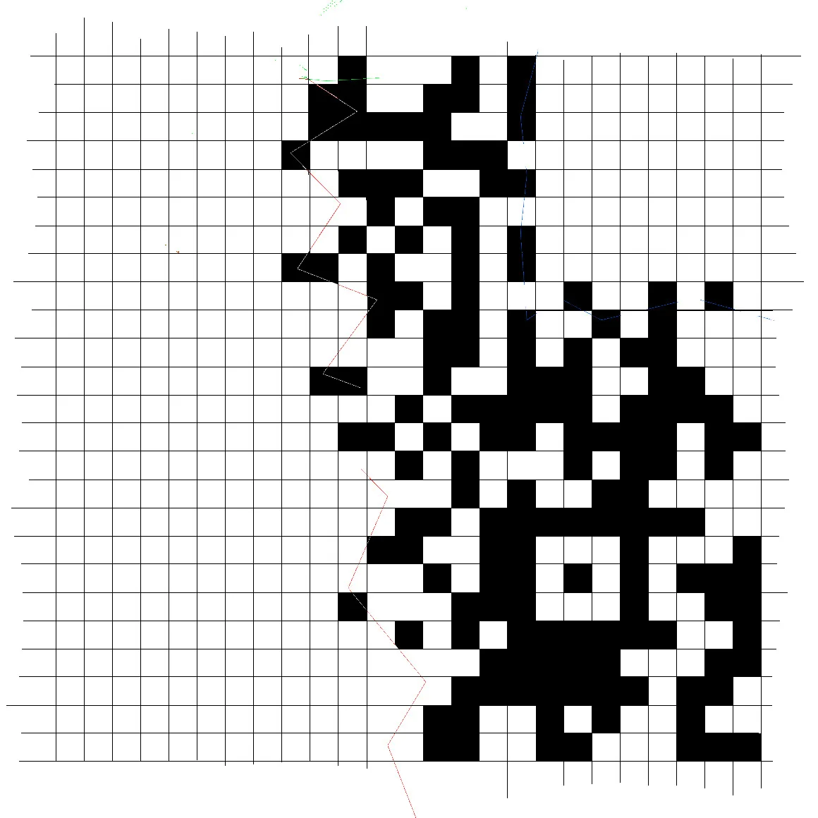 A 25-by-25 grid over the exposed QR modules, with jagged paint boundaries still visible.