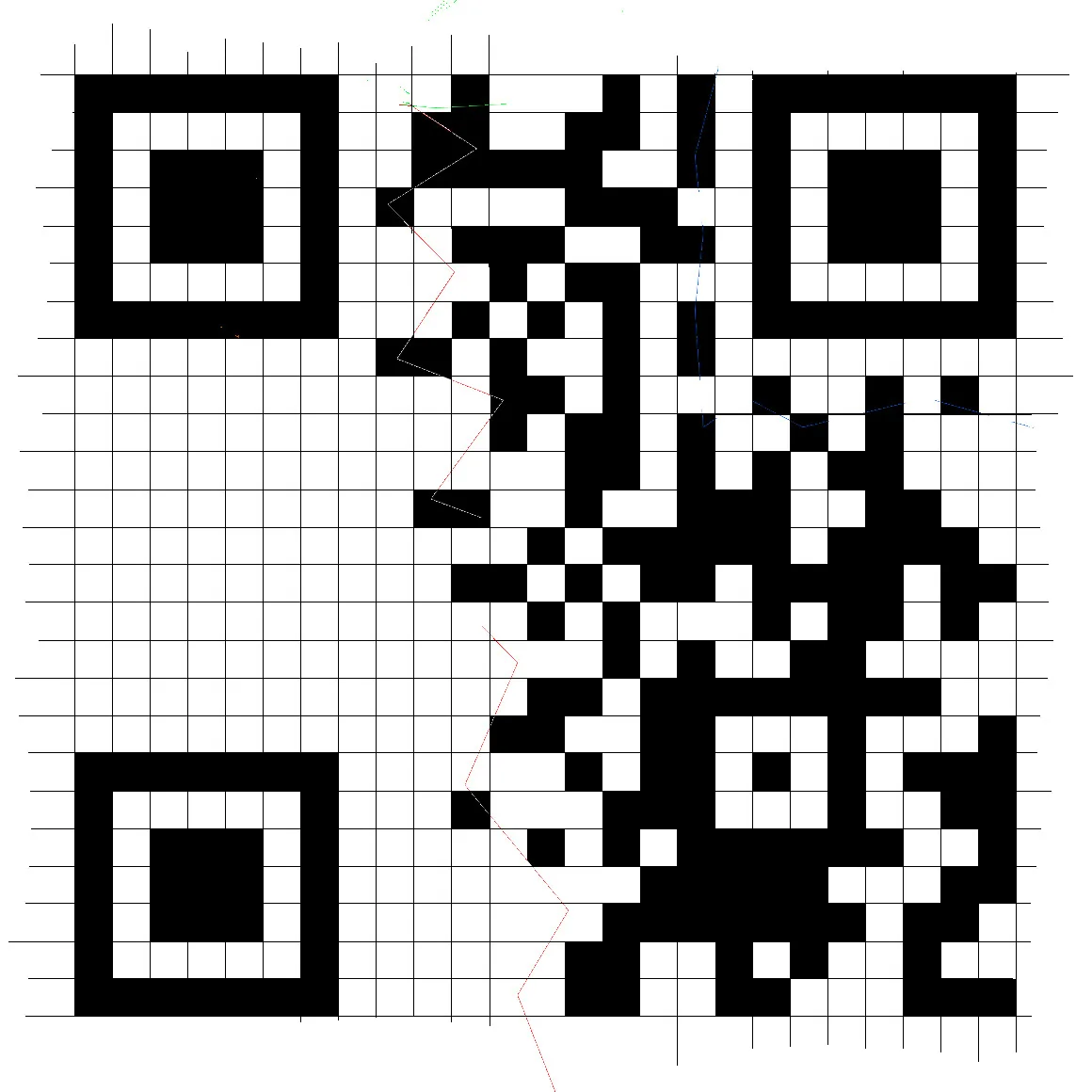 Partially recovered 25-by-25 QR grid after adding the three large finder patterns.