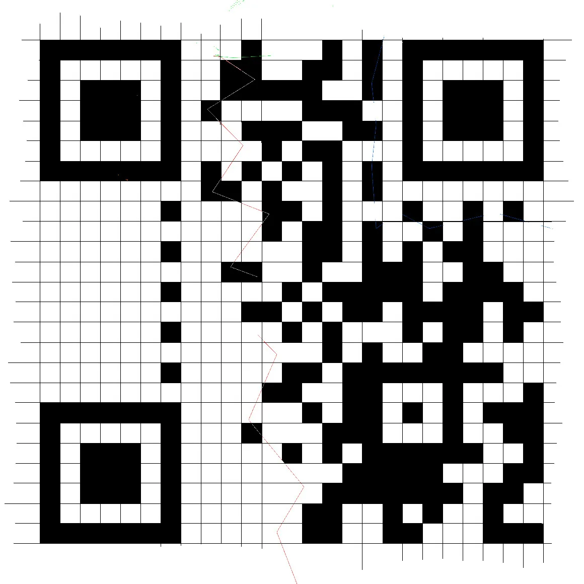 Partially recovered QR grid with alternating timing modules added between the finder patterns.