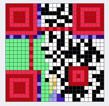 QR grid highlights unknown modules in green and the final two data blocks in purple and yellow.