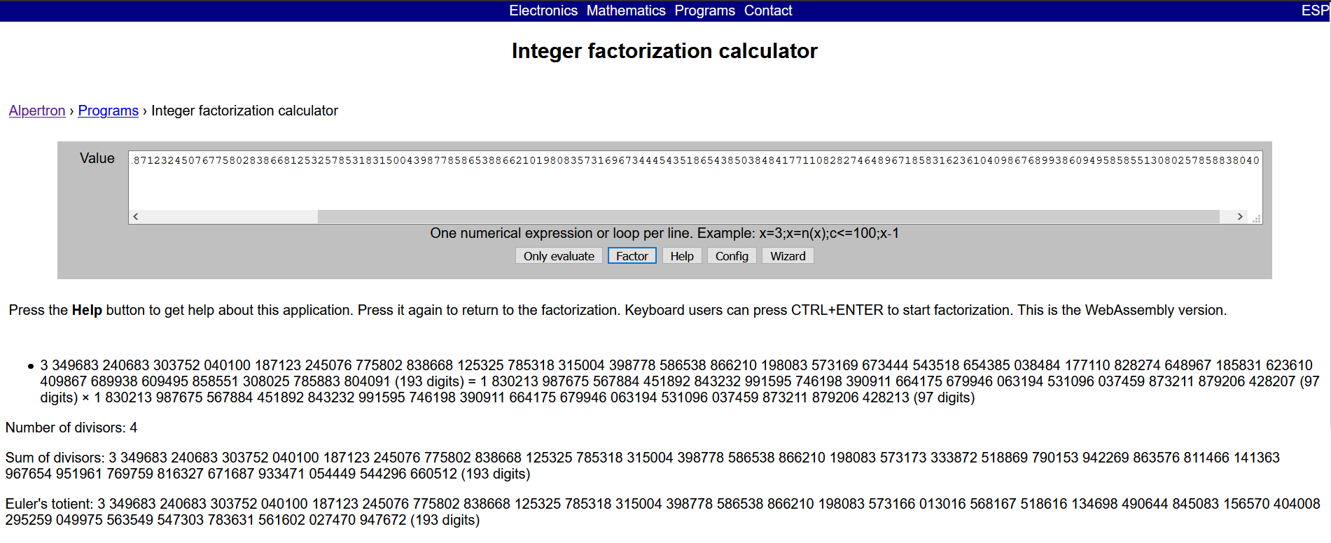 Alpertron factorization result