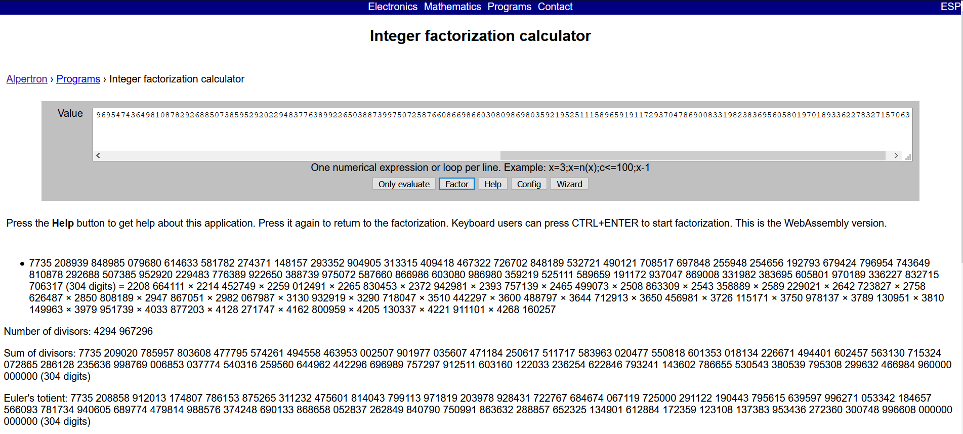 Alpertron output showing the 304-digit RSA modulus as 32 prime factors, followed by its divisor count and Euler's totient.