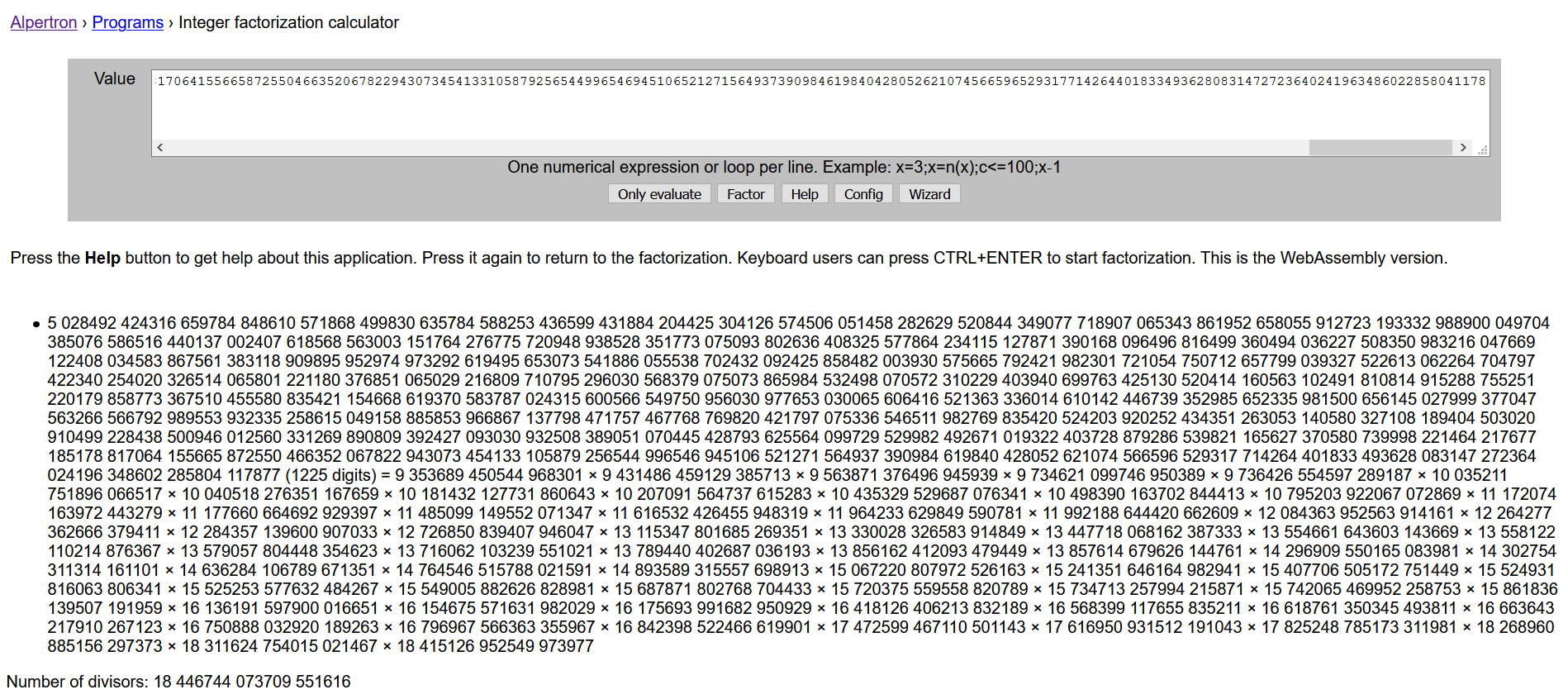 Alpertron displays the 1,225-digit RSA modulus as a product of many small prime factors.