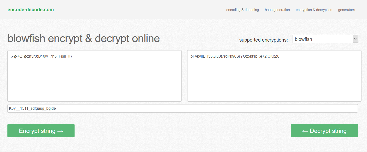 Online Blowfish decryptor with key K3y__1511_sdfgasg_bgjde, producing a garbled prefix followed by zh3r0{B10w_7h3_Fish_!!}