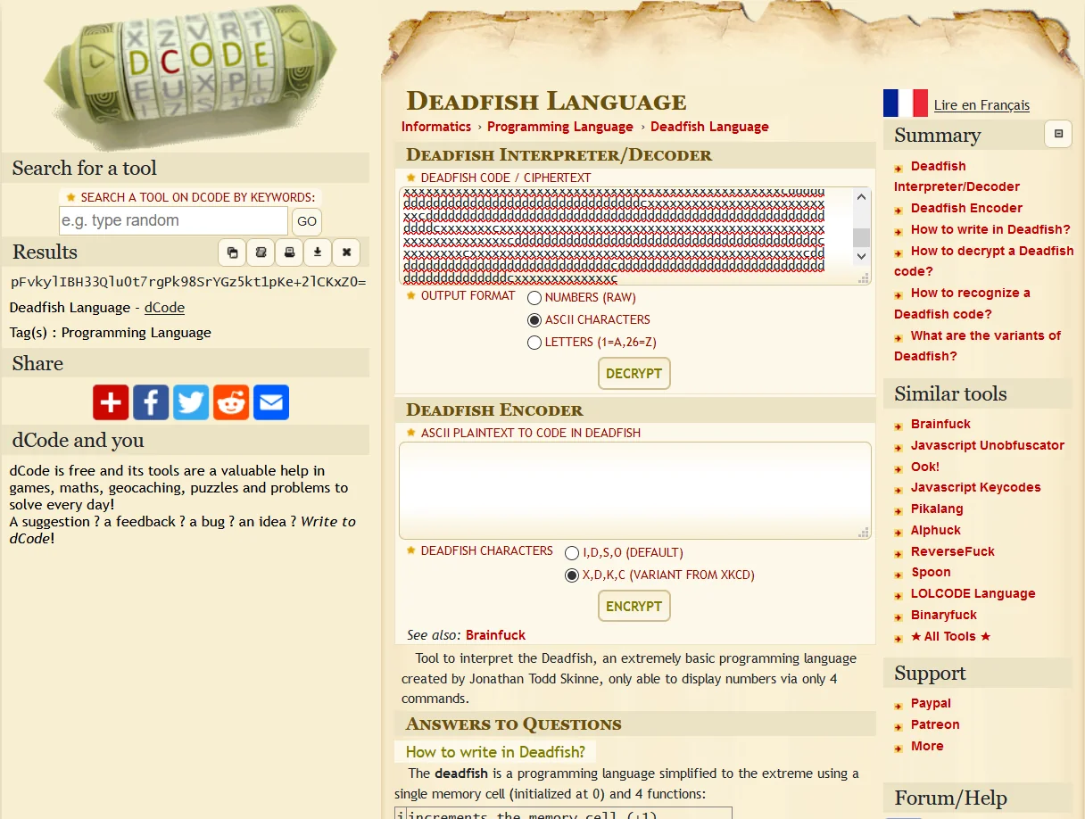 dCode Deadfish decoder showing the Base64 result pFvkylIBH33Qlu0t7rgPk98SrYGz5kt1pKe+2lCKxZ0=