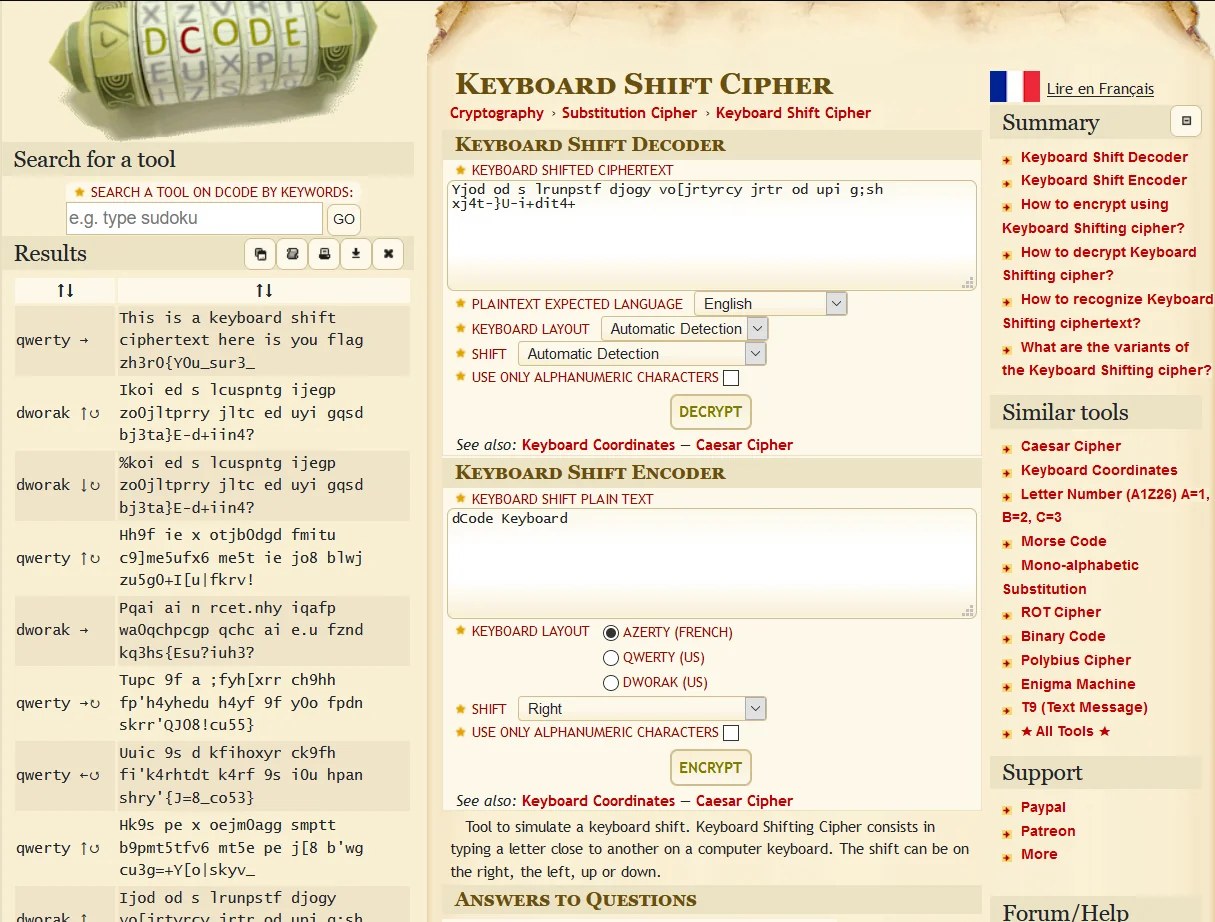 dCode results showing a QWERTY keyboard shift decodes the text to “This is a keyboard shift ciphertext...”