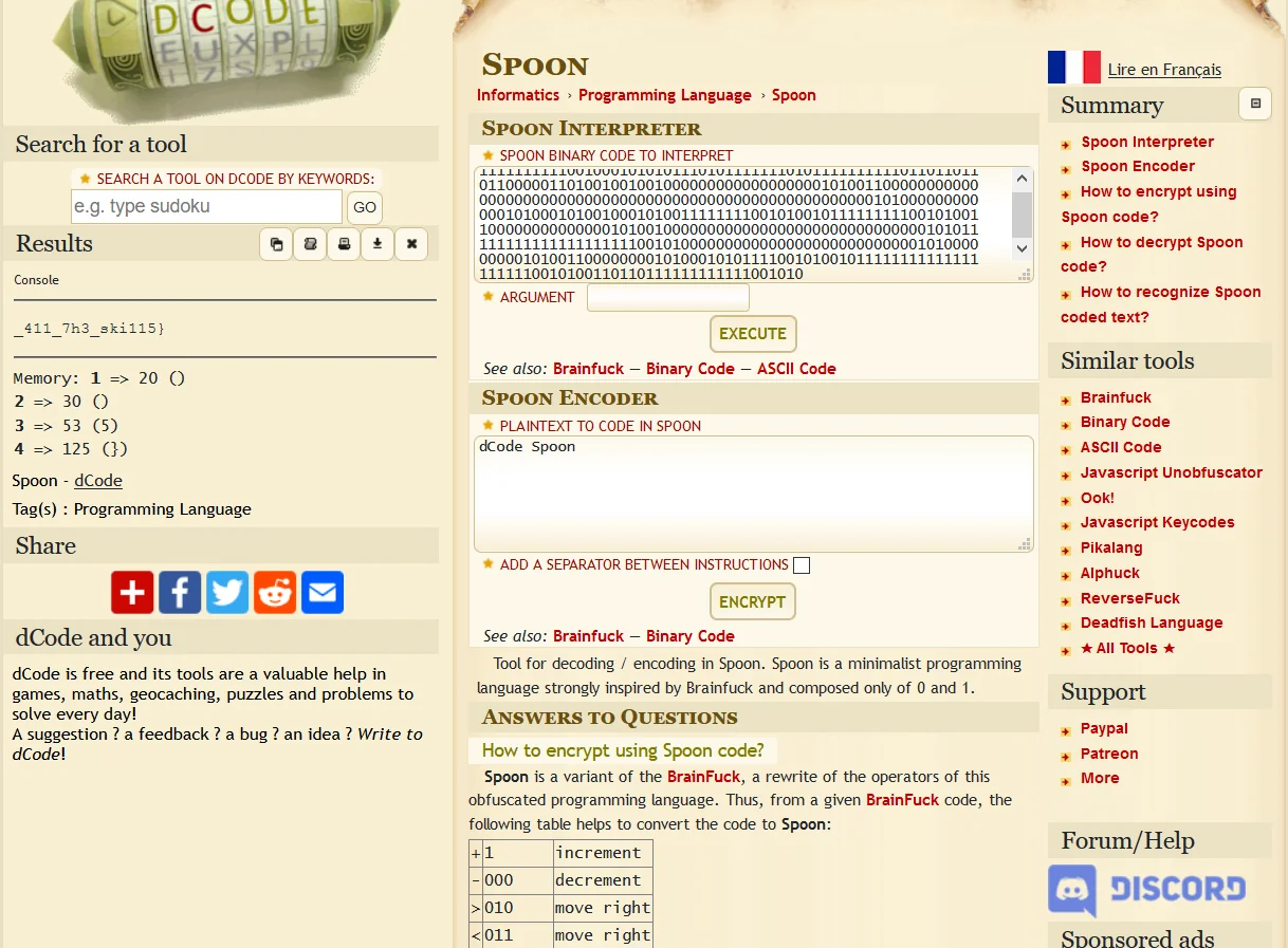 dCode Spoon interpreter showing the binary input and console output “_411_7h3_ski115}”