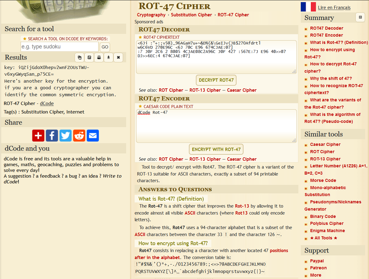 ROT47 decoder output matching the key and message transcribed below.