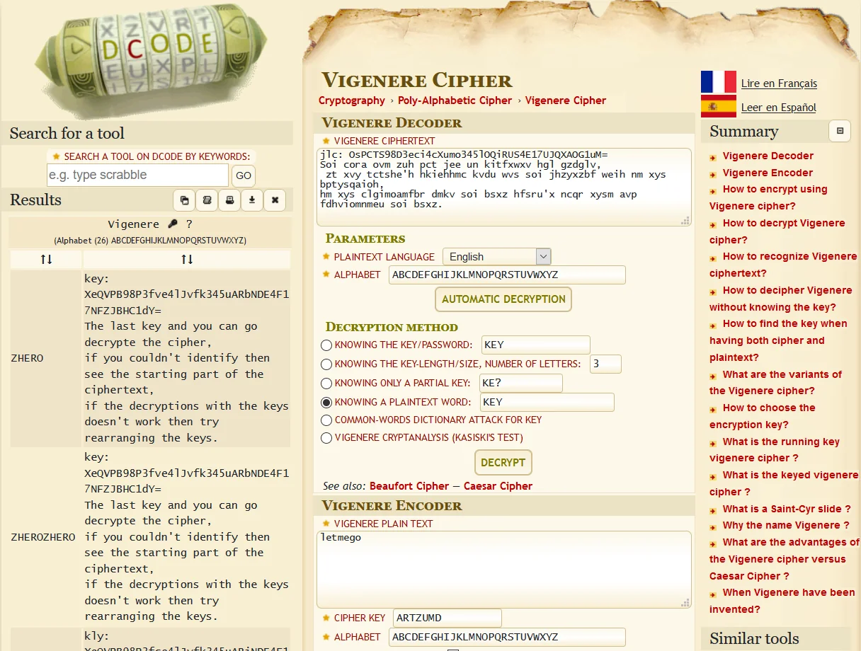 dCode Vigenere decoder using known plaintext KEY; candidate key ZHERO reveals the final key and decryption instructions.